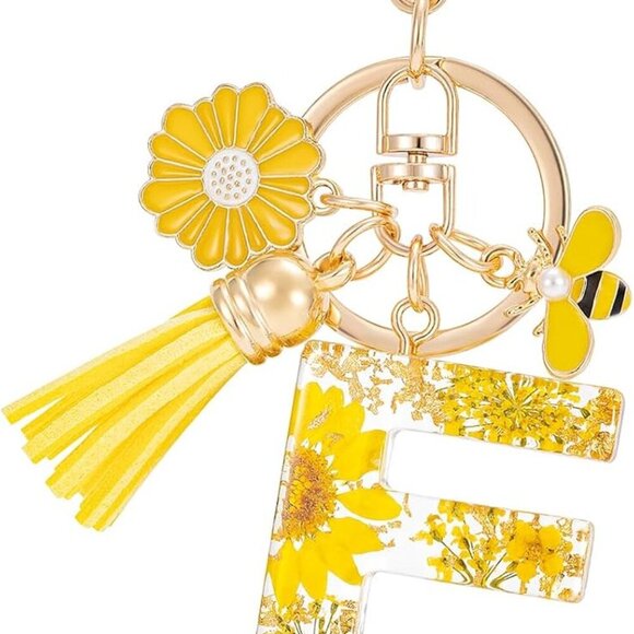 Other - Initial Letter Keychain Resin Alphabet Keyrings,Yellow Petals Gold Foil Key Ring